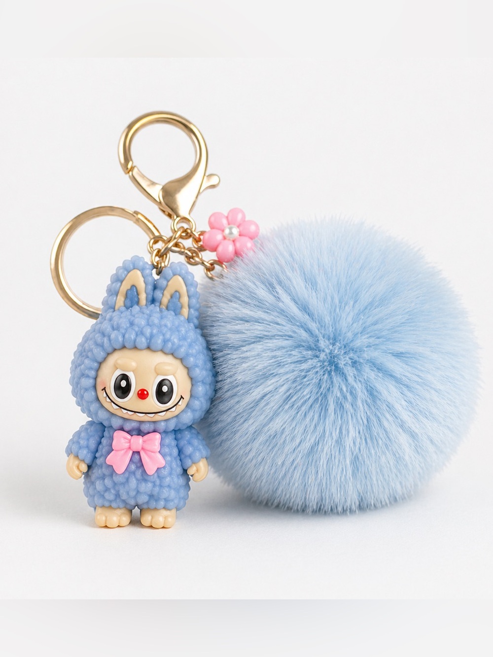 Labubu Inspired Blue Pom Pom Keychain Cute Kawaii Doll Bag Charm